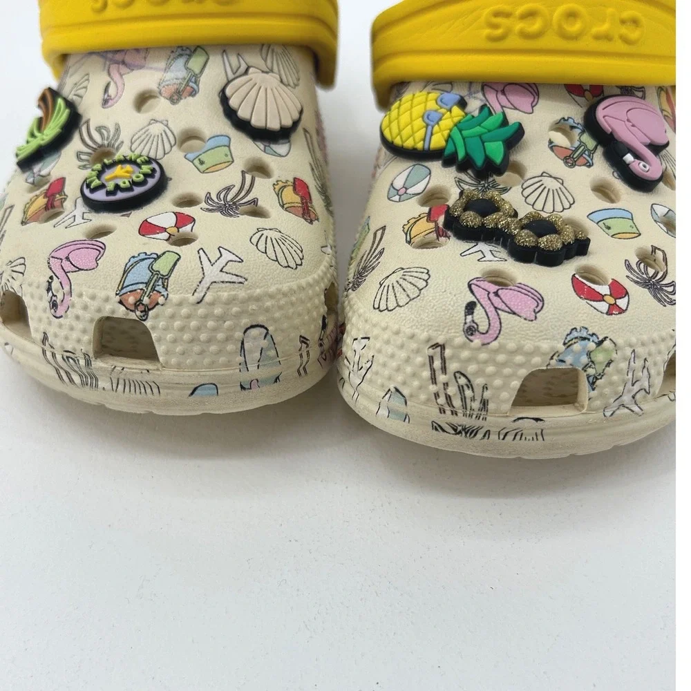 Crocs Kids Classic Clog Beach Vacation Print Yellow Strap Jibbitz Size C12